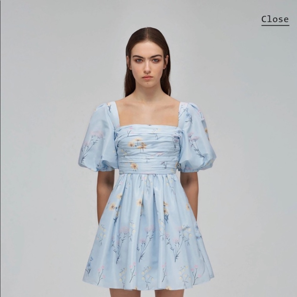 Self-Portrait Light Blue Floral Puff-Sleeve Mini Dress